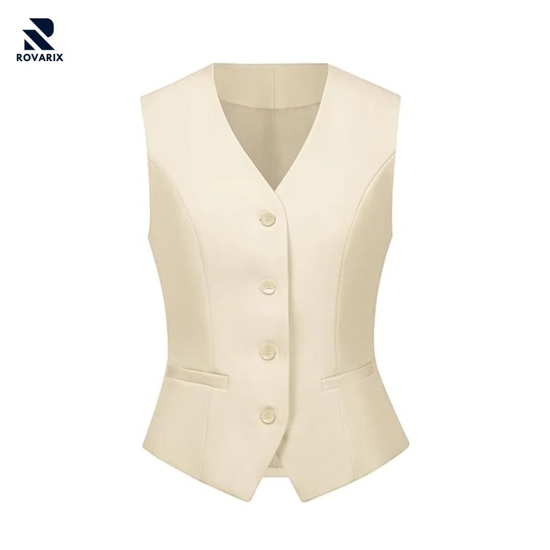 Rovarix women's cream tailored vest V-neck princess seams four-button front pockets waistcoat