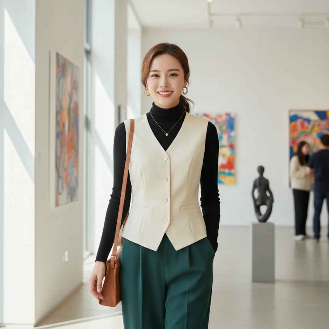 Woman wearing Rovarix cream tailored vest with black turtleneck and green trousers in modern art gallery museum