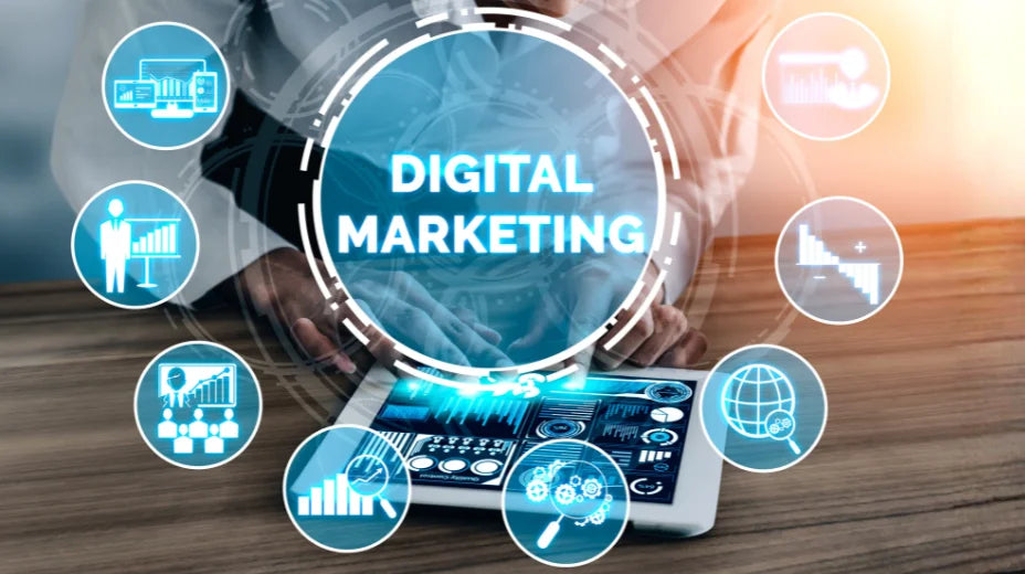 Person using a laptop with digital marketing icons around on a wooden surface