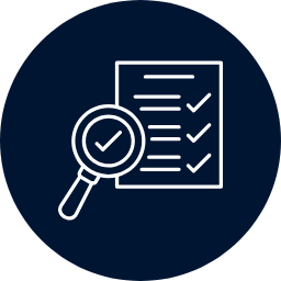 Icon of a magnifying glass over a checklist on a dark blue background