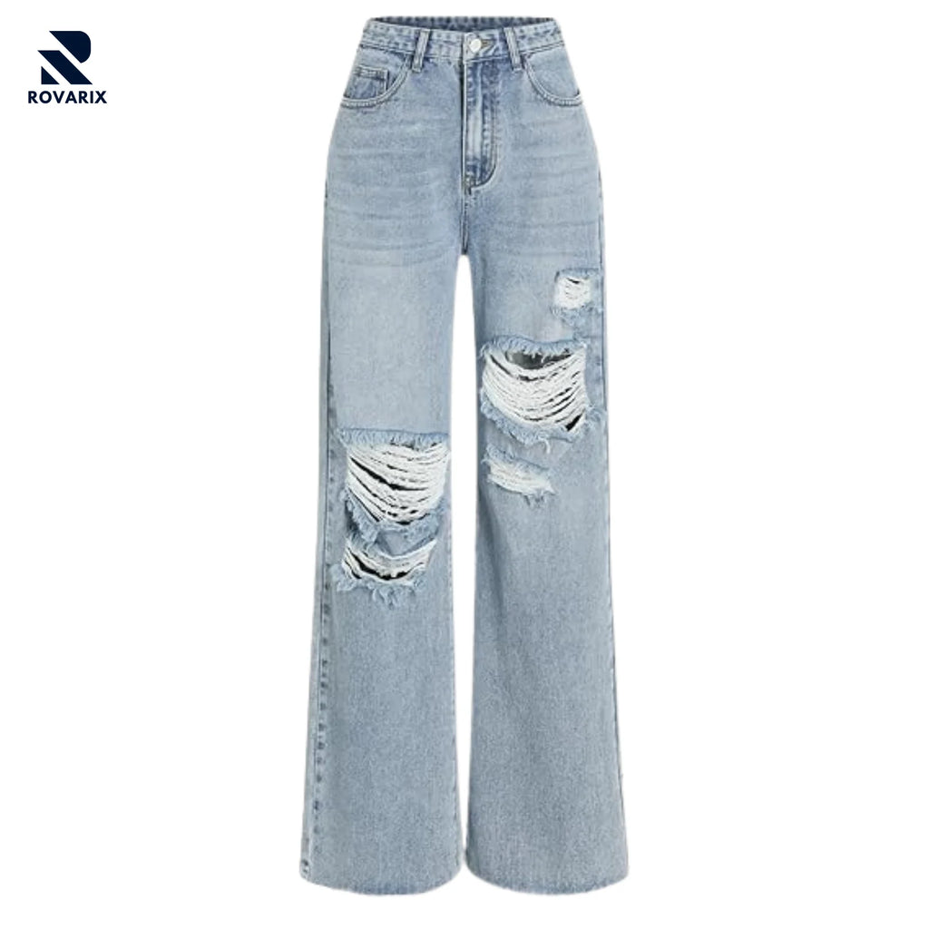 Rovarix men’s light wash distressed straight-leg jeans with hand-processed knee rips and 5-pocket design