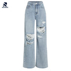 Rovarix men’s light wash distressed straight-leg jeans with hand-processed knee rips and 5-pocket design