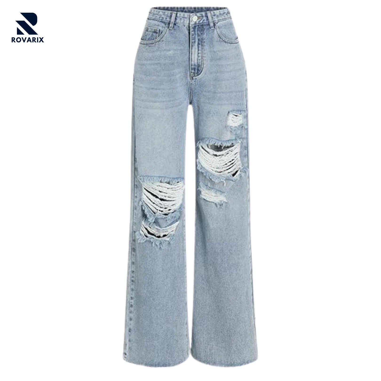 Rovarix men’s light wash distressed straight-leg jeans with hand-processed knee rips and 5-pocket design