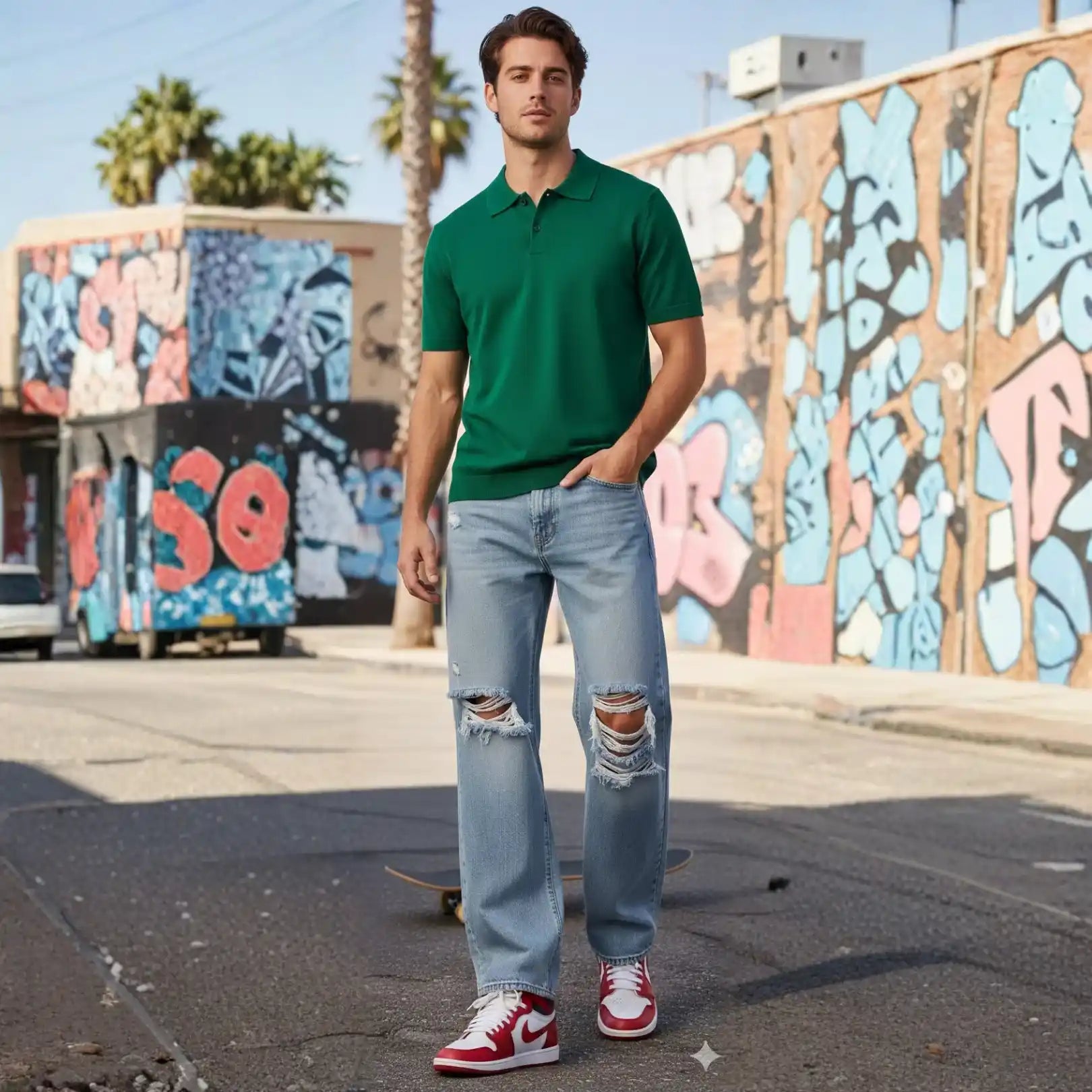 Man wearing Rovarix relaxed fit distressed light wash jeans walking in urban street