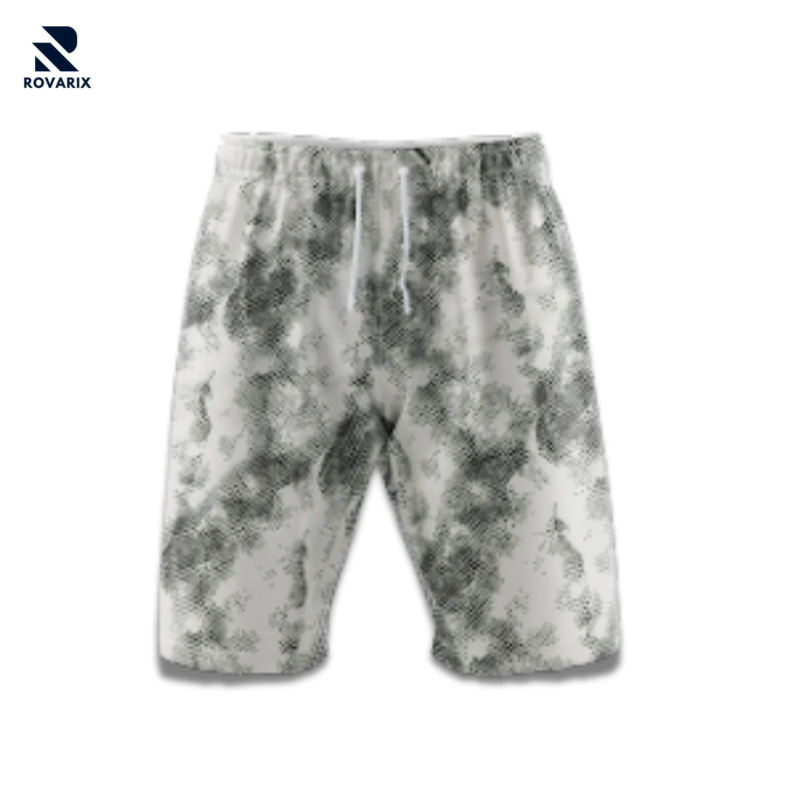 Rovarix gray and white tie-dye cargo shorts with multiple pockets and drawstring waist