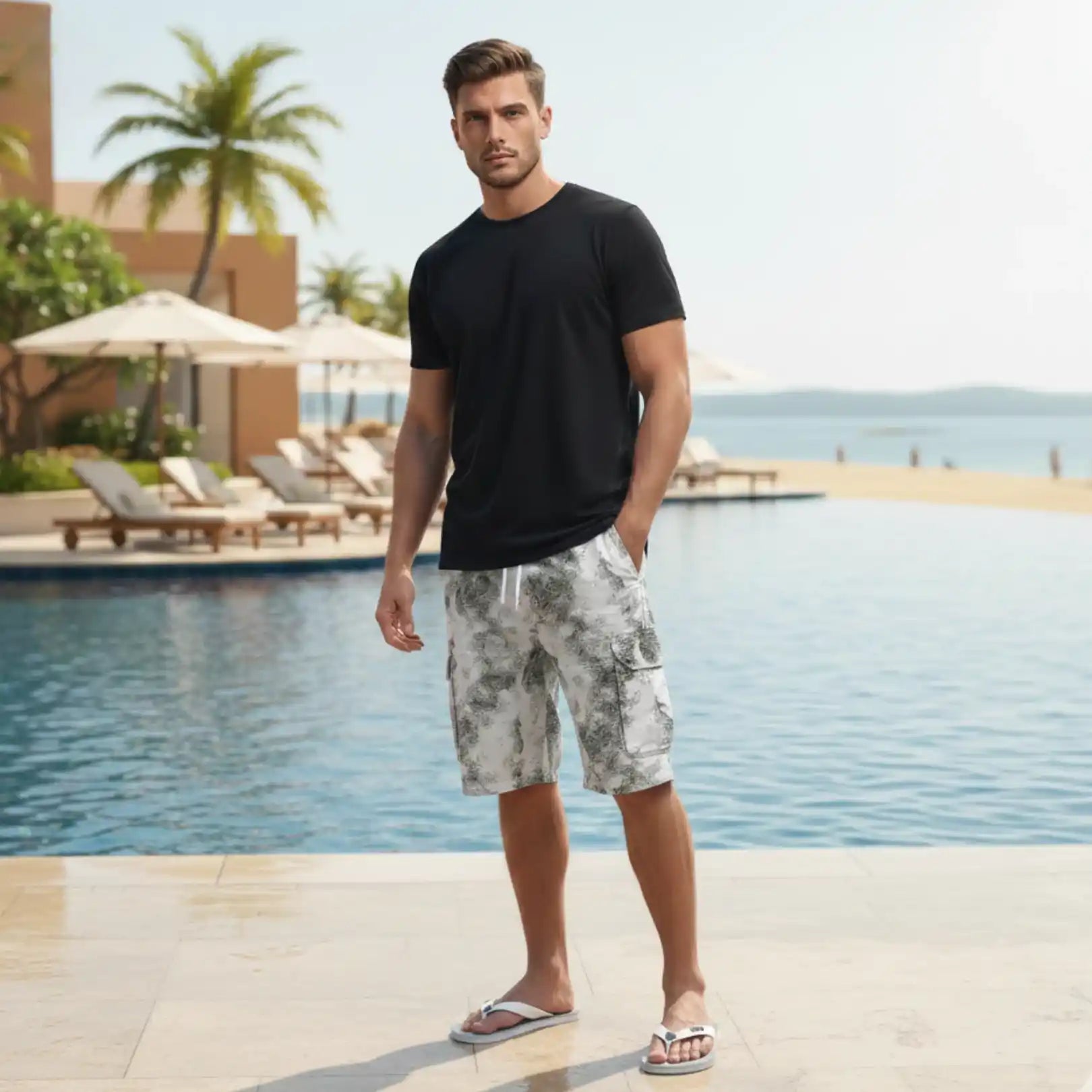 Man wearing Rovarix gray tie-dye cargo shorts by luxury pool with black tee and flip flops