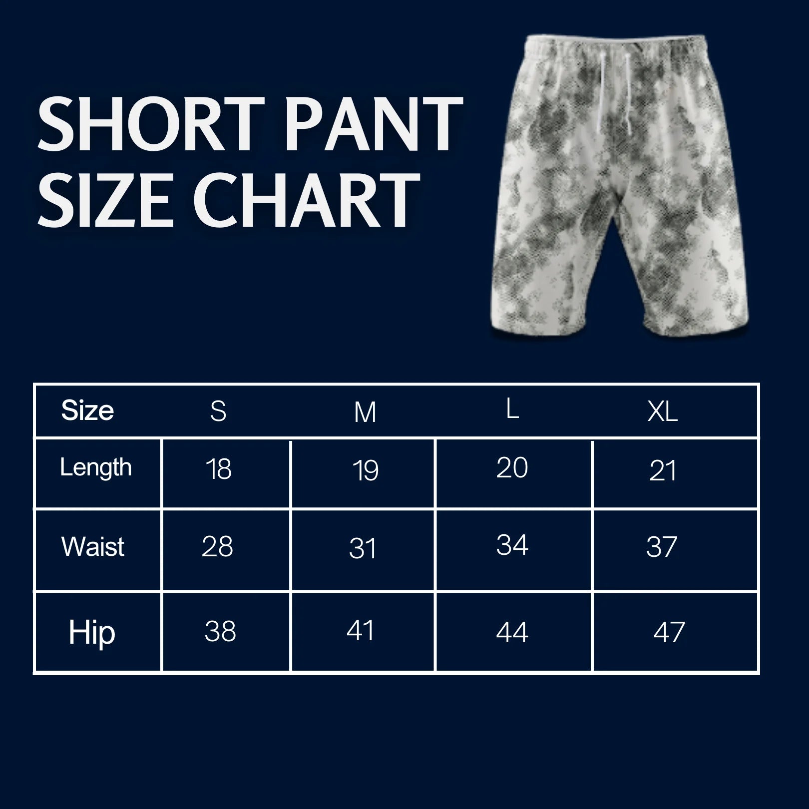 Rovarix cargo shorts size chart showing measurements for S M L XL sizes length waist hip