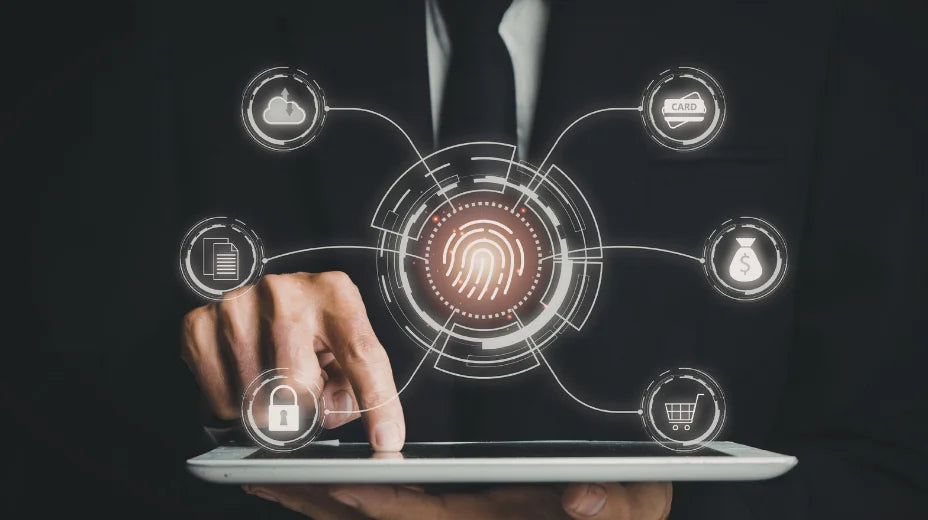 Hand interacting with a digital interface on a tablet, surrounded by icons.