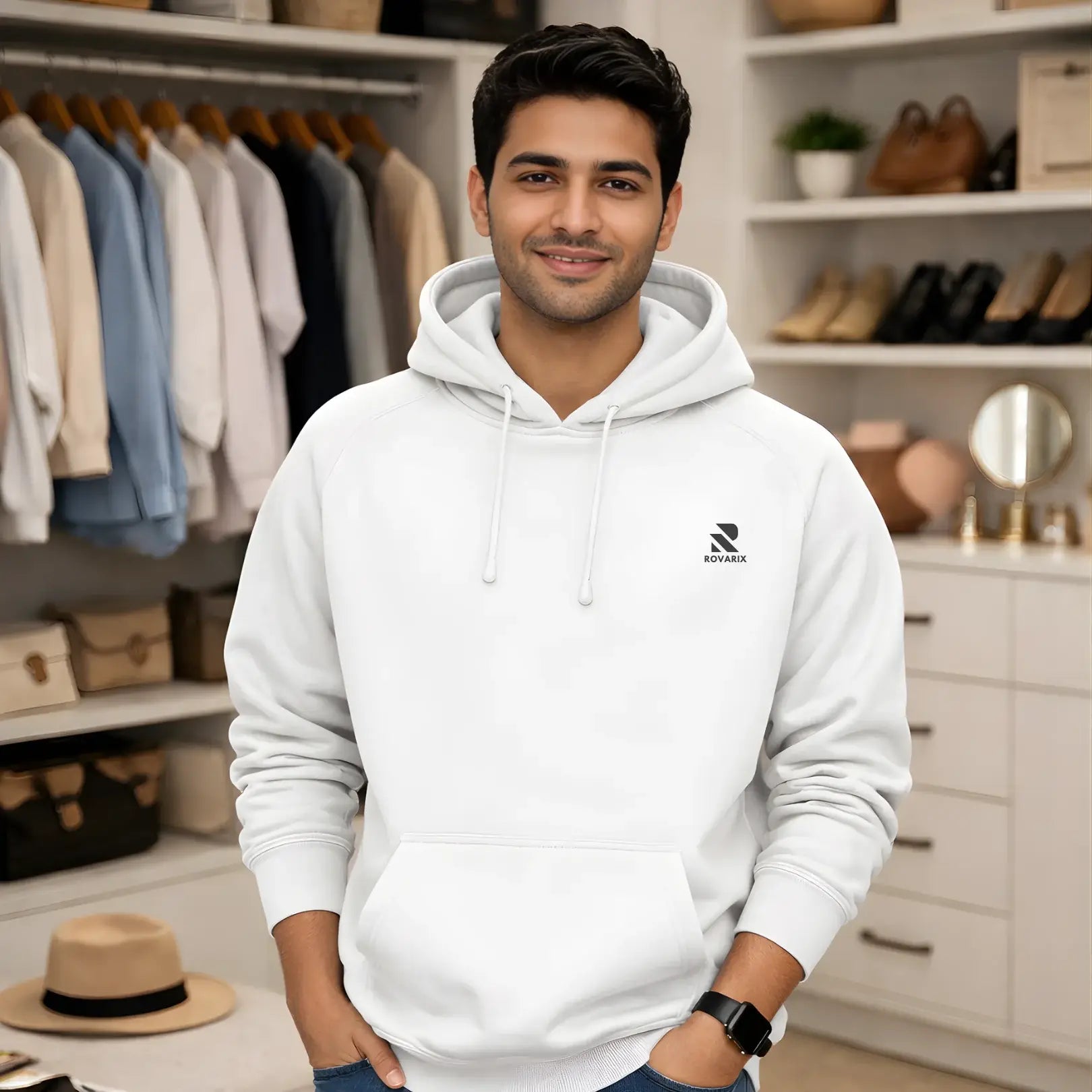 Man wearing a white hoodie with a brand logo in a clothing store.