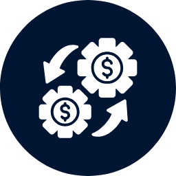 Two gears with dollar signs and arrows on a dark blue background