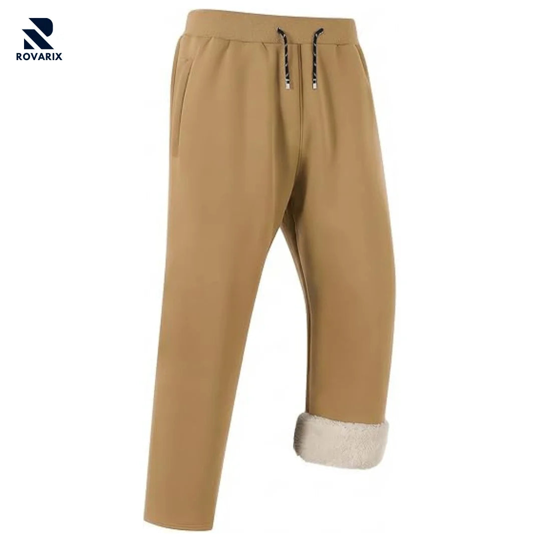 Rovarix men's tan fleece-lined sweatpants sherpa interior tapered leg drawstring waist loungewear