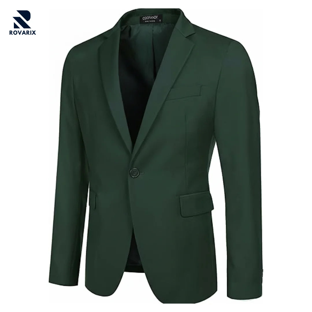 Rovarix men's forest green slim-fit blazer notched lapel two-button cotton blend stretch sport coat 