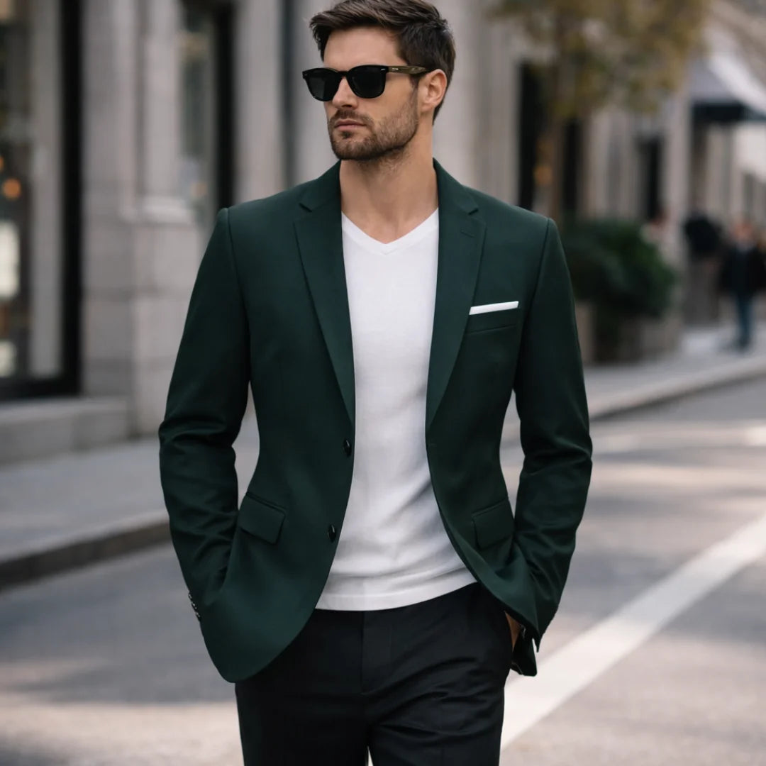 Man wearing Rovarix forest green slim-fit blazer with white v-neck shirt and sunglasses walking 