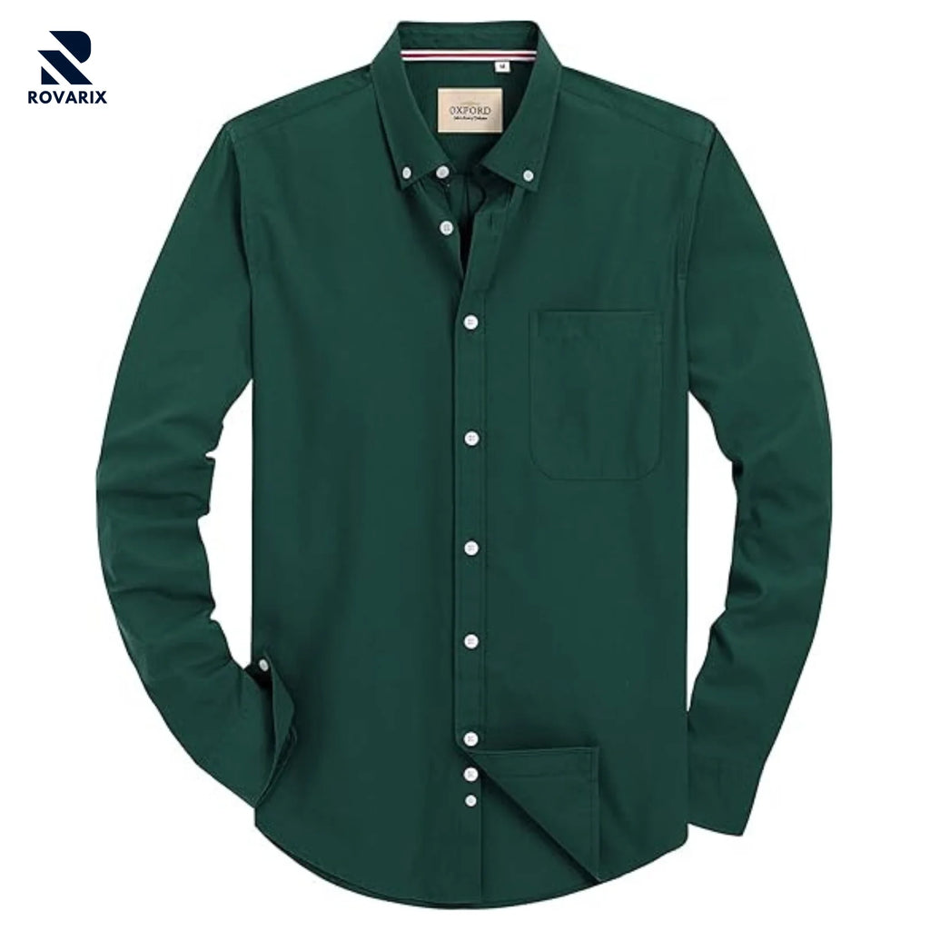 Rovarix men's forest green Oxford shirt long sleeve button-down collar white buttons