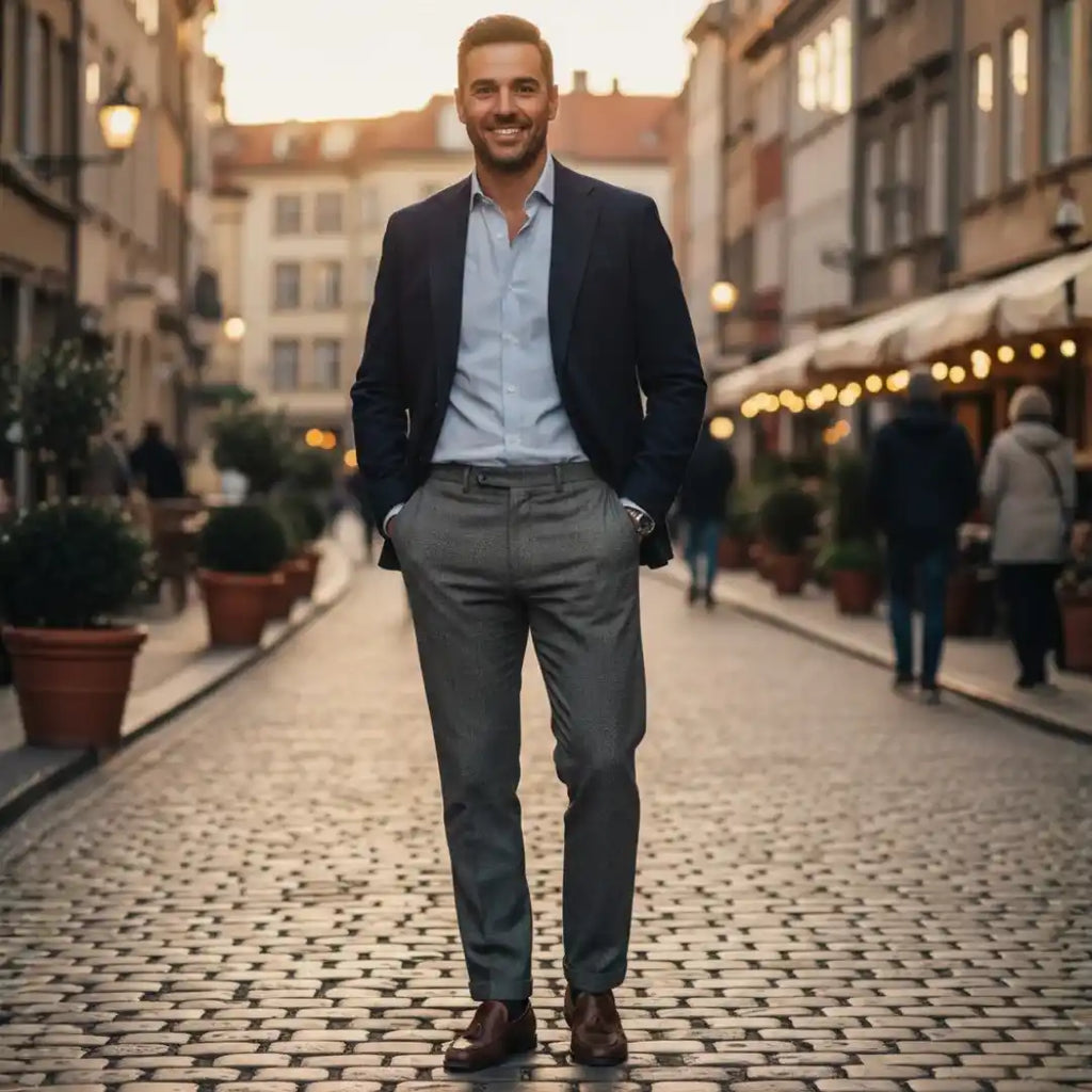 Man in formal attire standing on a cobblestone street in an urban setting