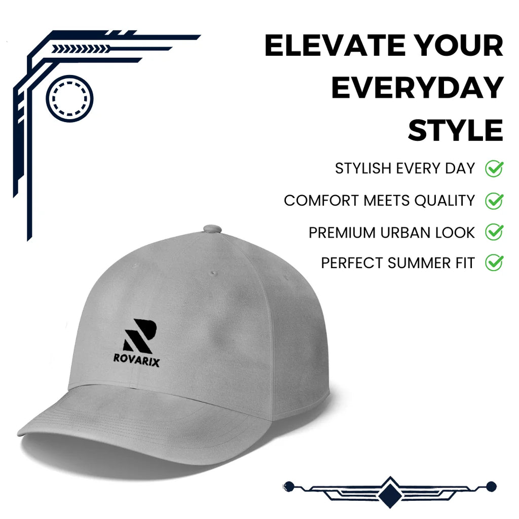 Rovarix gray cap side profile showing curved brim and structured design