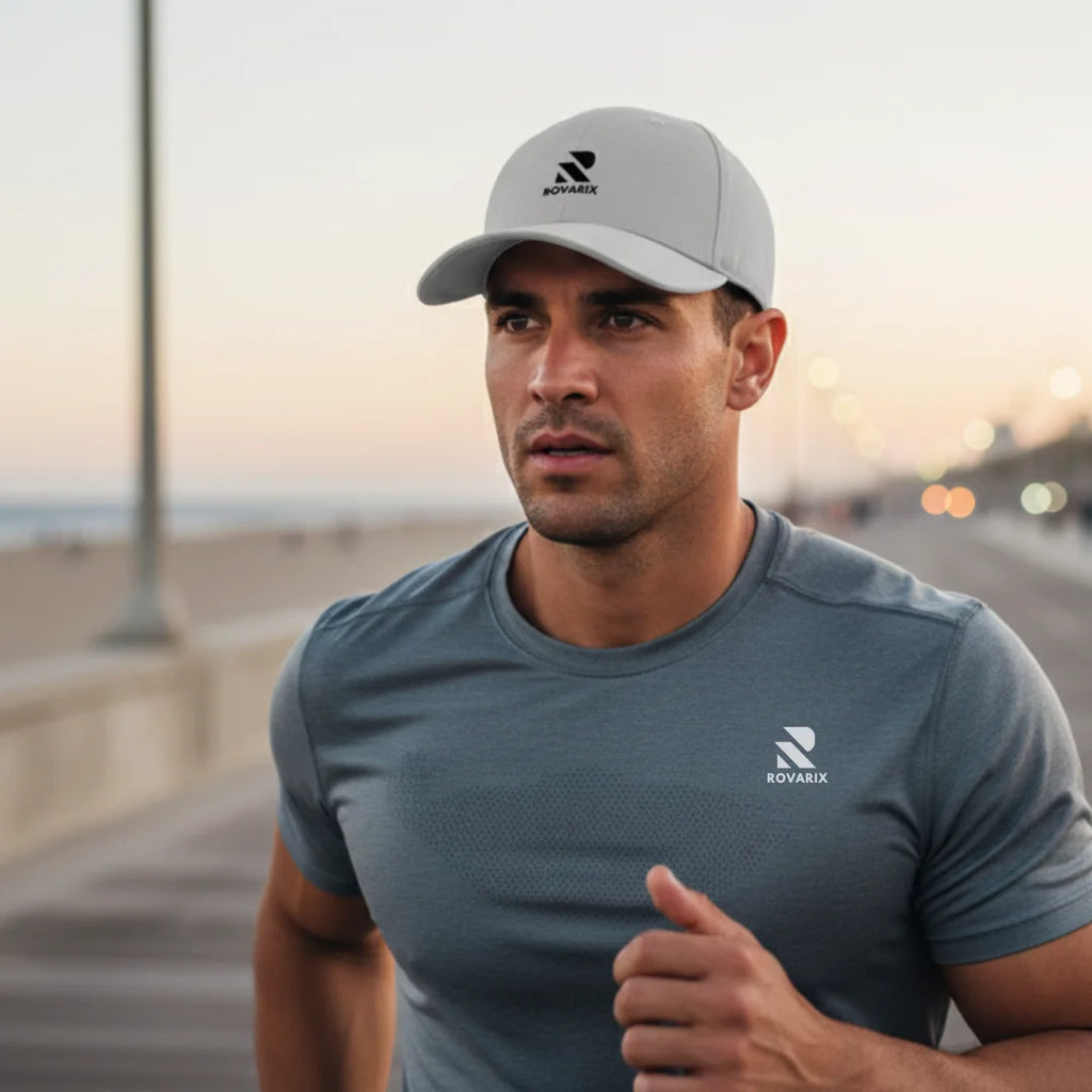 Man wearing a Rovarix gray cap and athletic shirt on a blurred beach background