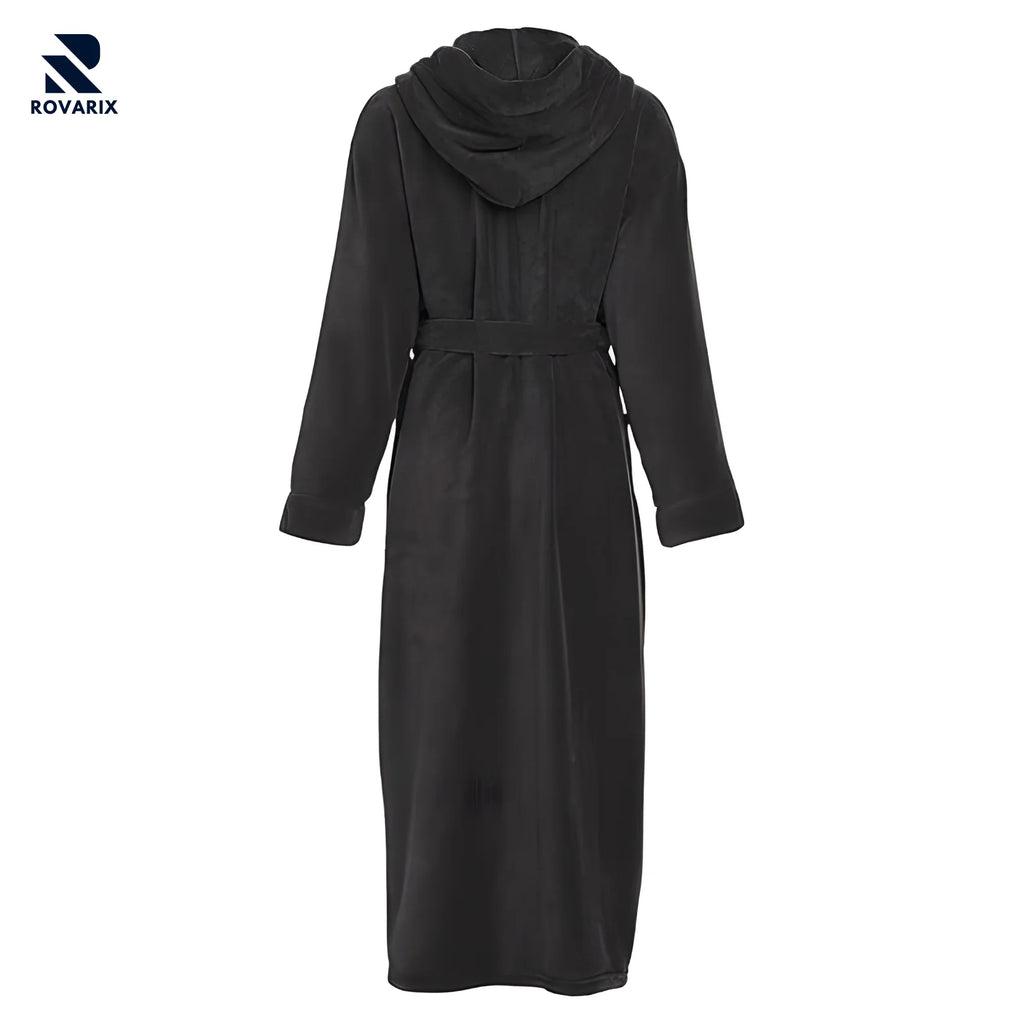 ovarix gray hooded fleece robe back view showing full-length coverage and hood detail