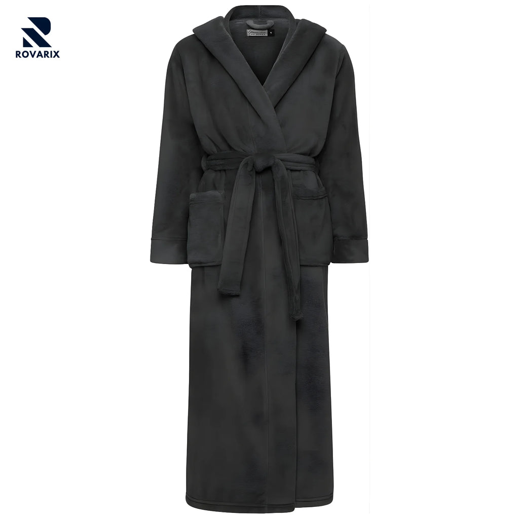Rovarix charcoal gray plush fleece robe with hood, pockets, and tie belt front view