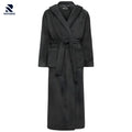 Rovarix charcoal gray plush fleece robe with hood, pockets, and tie belt front view