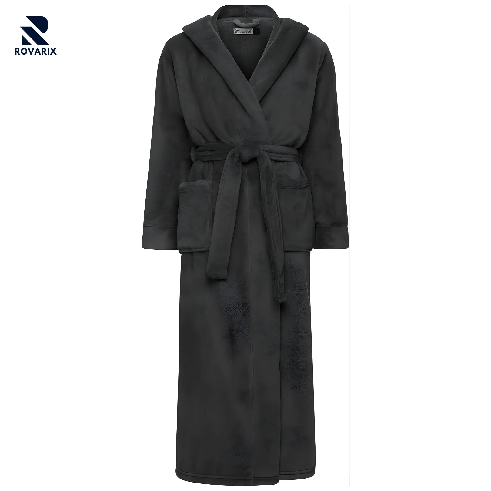 Rovarix charcoal gray plush fleece robe with hood, pockets, and tie belt front view