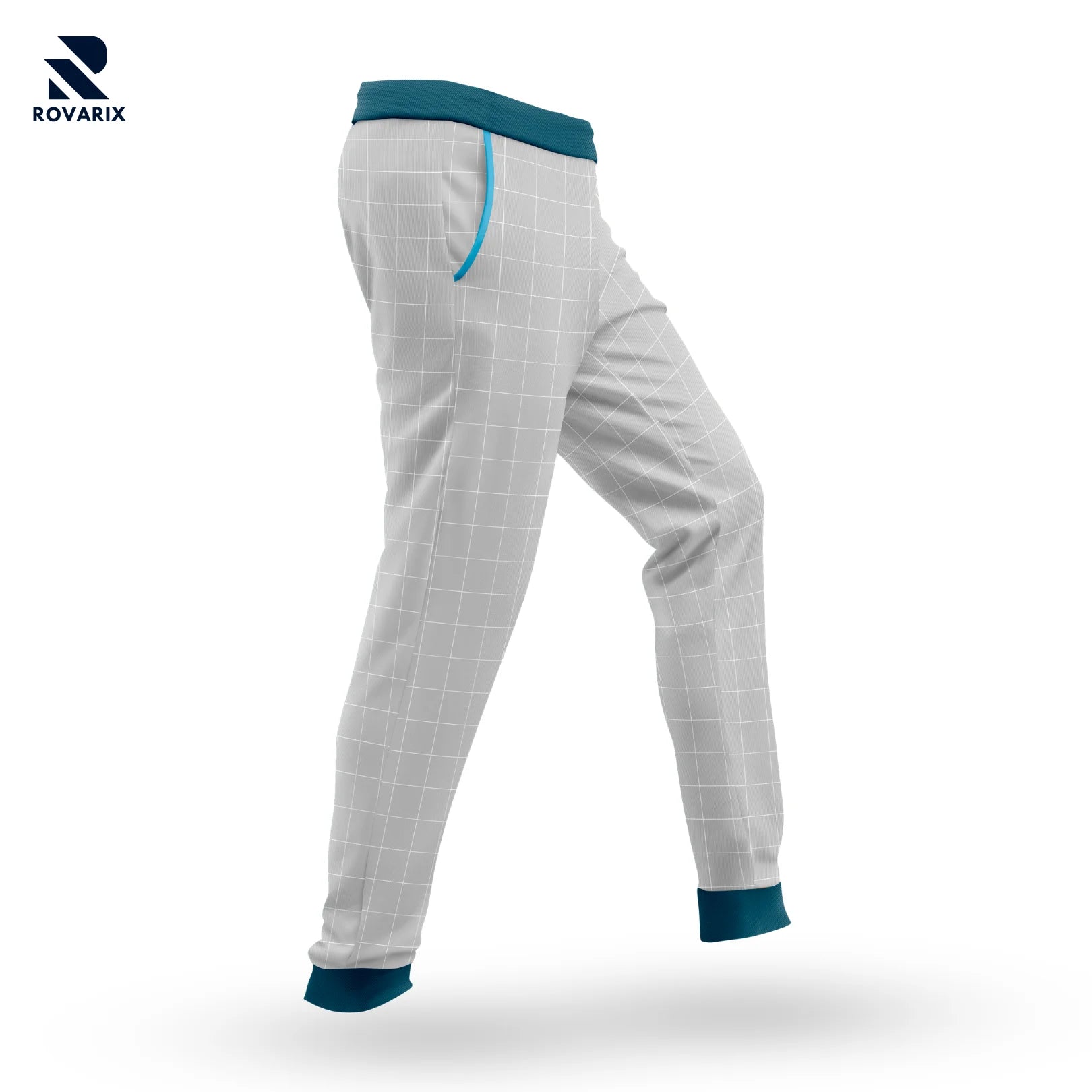 Rovarix gray athletic jogger pants with teal elastic waistband and ribbed ankle cuffs