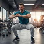 Fit man wearing Rovarix gray jogger pants with teal waistband performing squat in modern gym