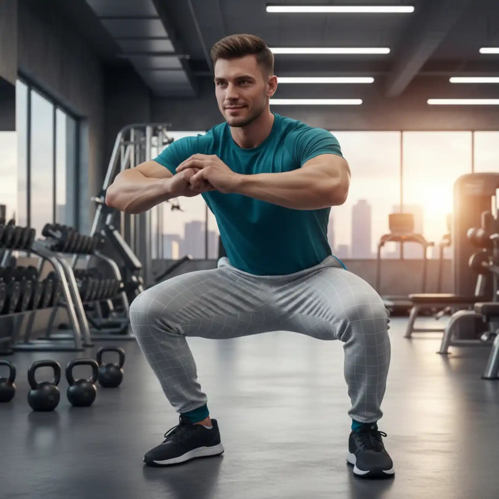 Fit man wearing Rovarix gray jogger pants with teal waistband performing squat in modern gym
