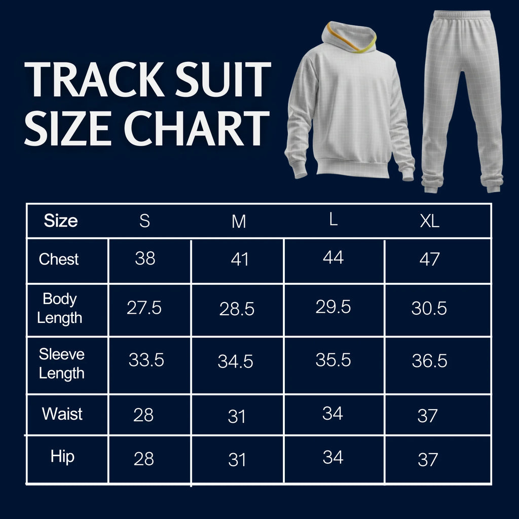 Rovarix tracksuit size chart showing measurements for S M L XL sizes chest waist hip length