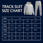 Rovarix tracksuit size chart showing measurements for S M L XL sizes chest waist hip length