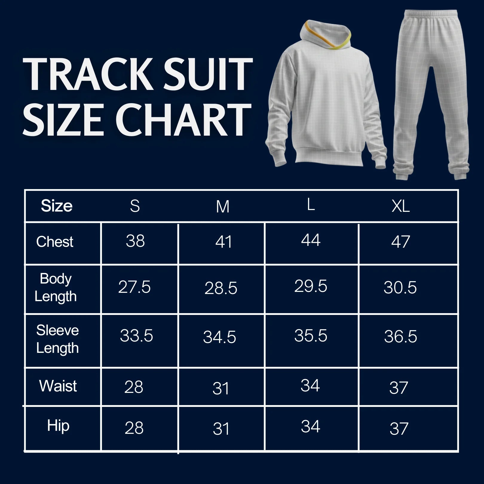 Rovarix tracksuit size chart showing measurements for S M L XL sizes chest waist hip length
