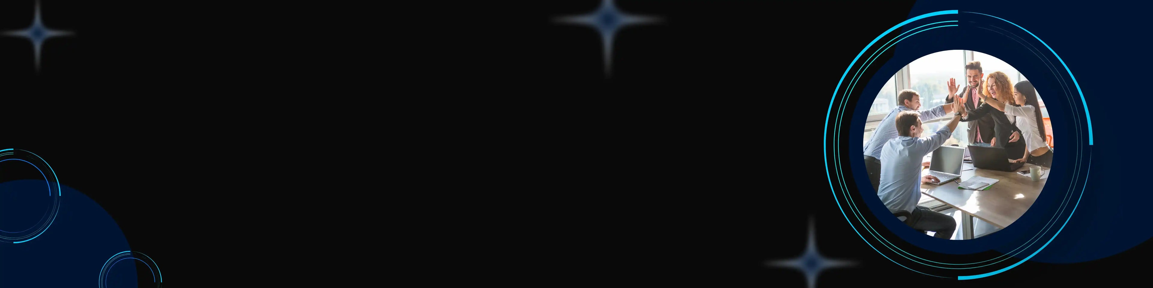 Group of people celebrating with drinks in a circular frame on a dark background with star-like shapes.