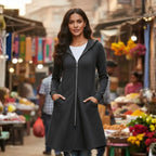 Woman wearing Rovarix charcoal long tunic-length zip hoodie loungewear