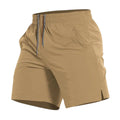 Rovarix athletic apparel men's khaki training shorts lightweight performance fabric elastic waistband branded drawstring angled hip pocket and side hem split