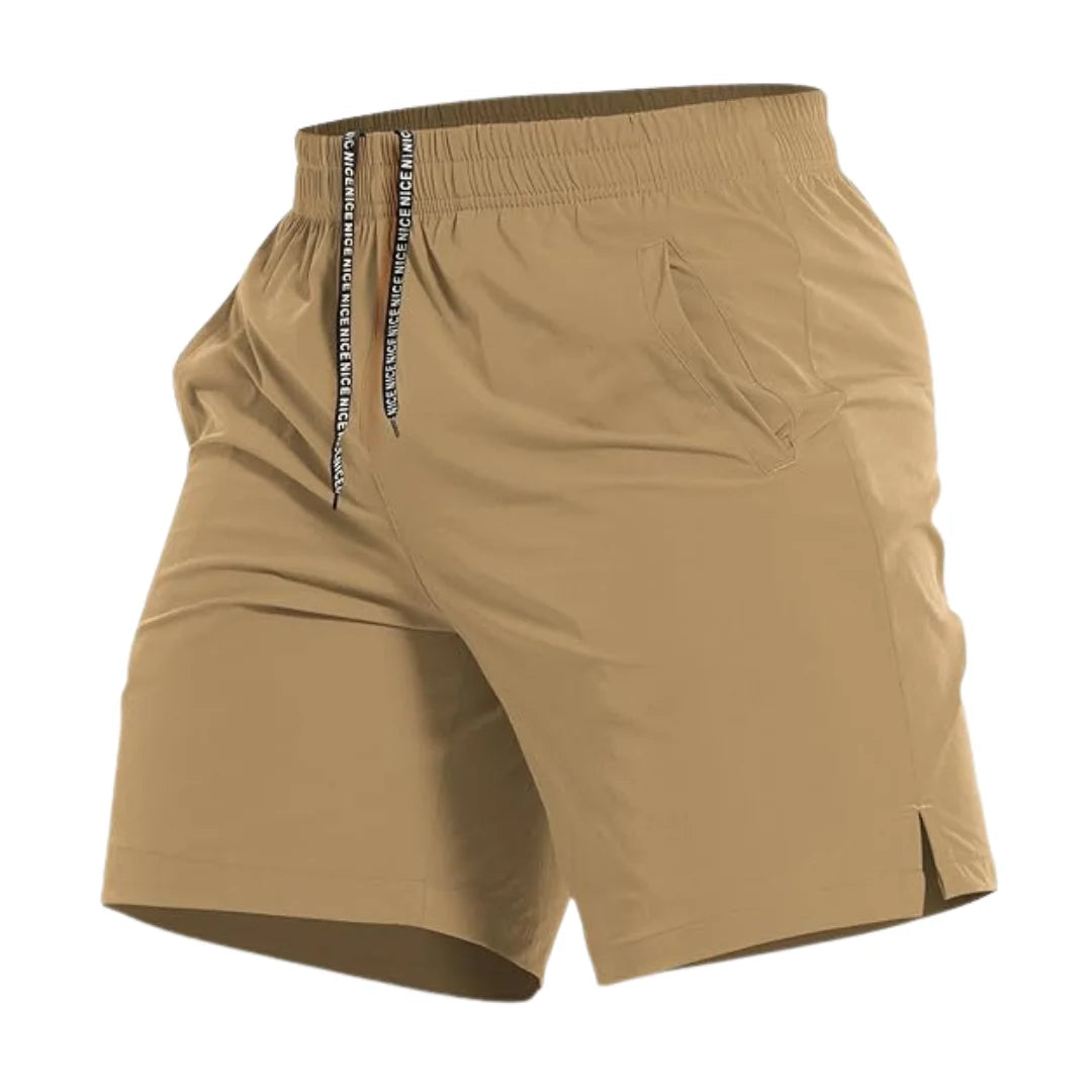 Rovarix athletic apparel men's khaki training shorts lightweight performance fabric elastic waistband branded drawstring angled hip pocket and side hem split