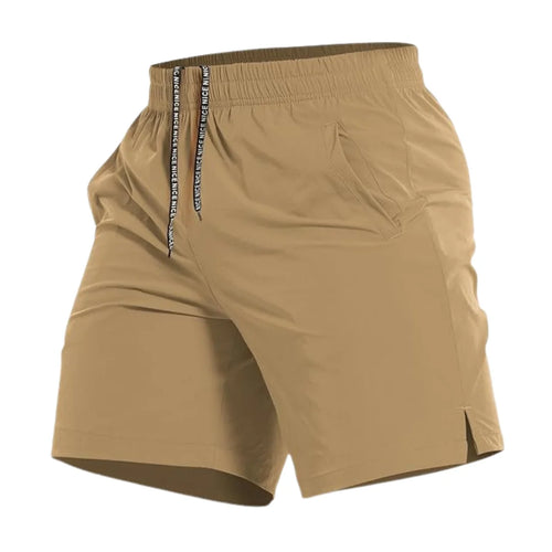 Rovarix athletic apparel men's khaki training shorts lightweight performance fabric elastic waistband branded drawstring angled hip pocket and side hem split