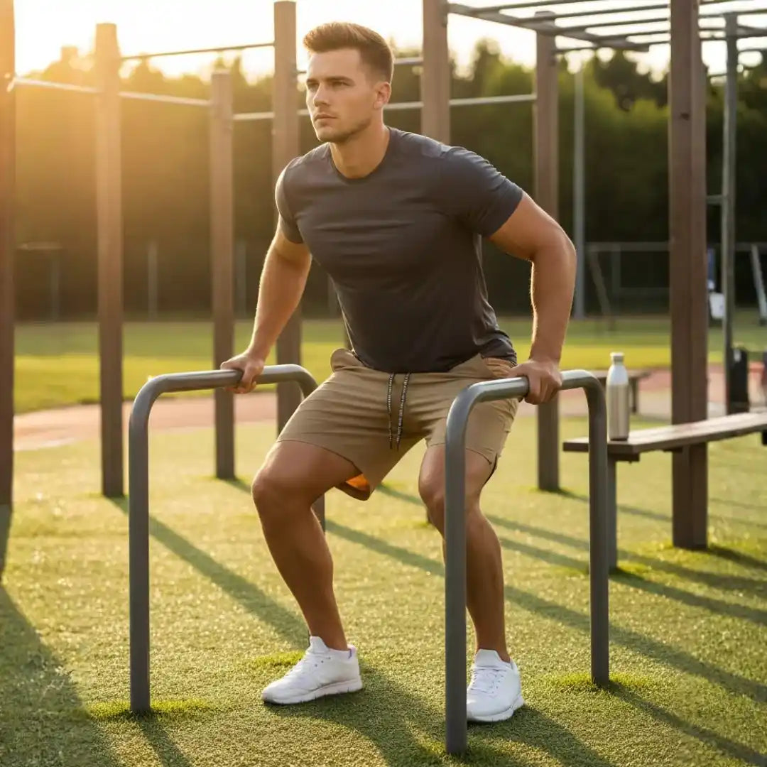 Athletic man wearing Rovarix athletic apparel khaki training shorts performing dips
