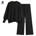 Rovarix black 2-piece knit loungewear set oversized balloon-sleeve crewneck sweater and wide-leg drawstring pants flat lay