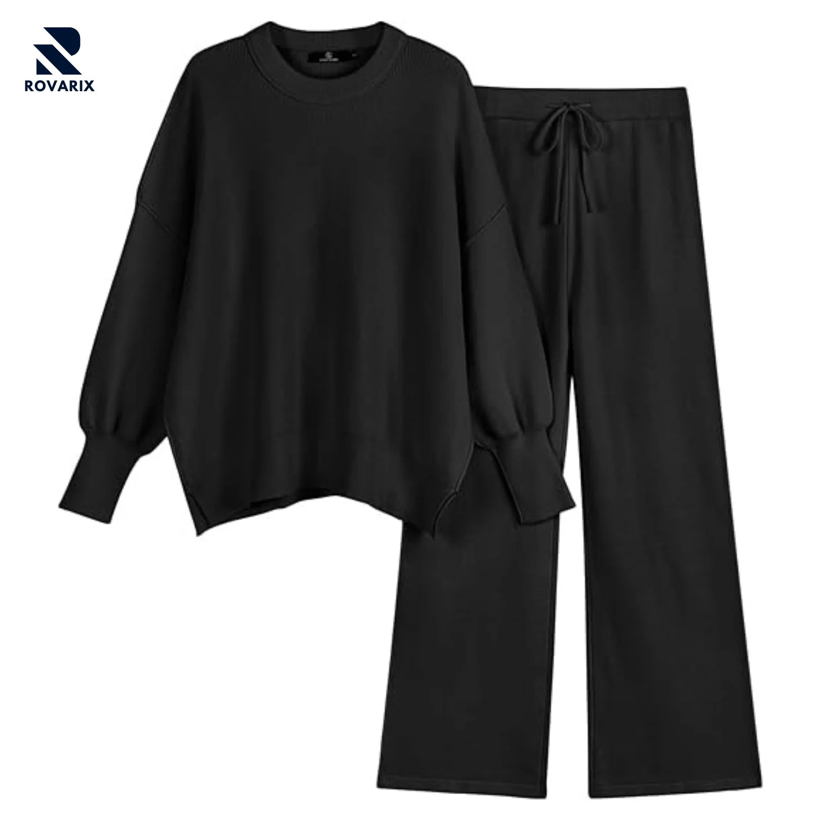 Rovarix black 2-piece knit loungewear set oversized balloon-sleeve crewneck sweater and wide-leg drawstring pants flat lay