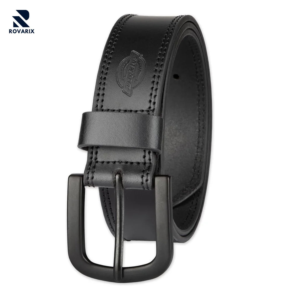 Rovarix all-black genuine leather belt with matte black buckle and double stitching detail