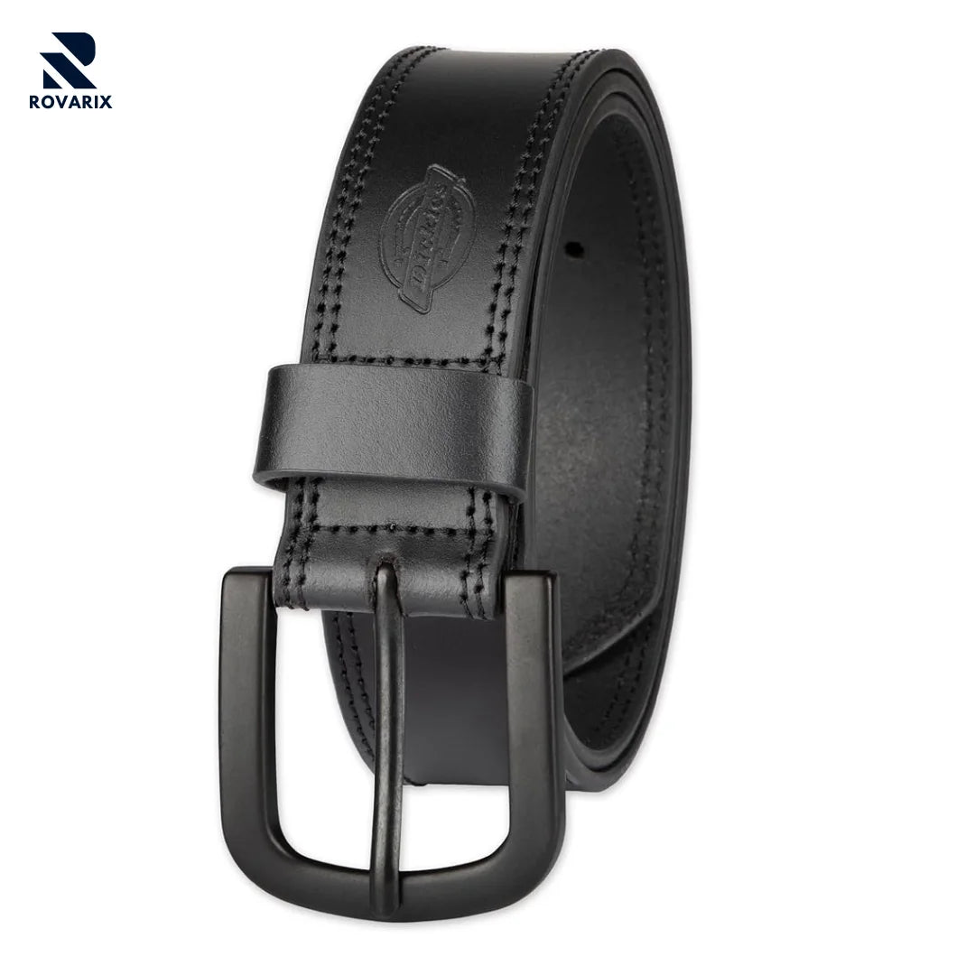 Rovarix all-black genuine leather belt with matte black buckle and double stitching detail