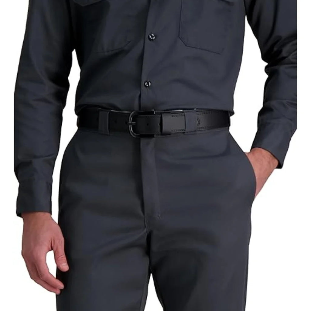 Navy blue uniform shirt and pants with a black belt on a white background