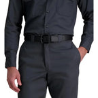 Navy blue uniform shirt and pants with a black belt on a white background