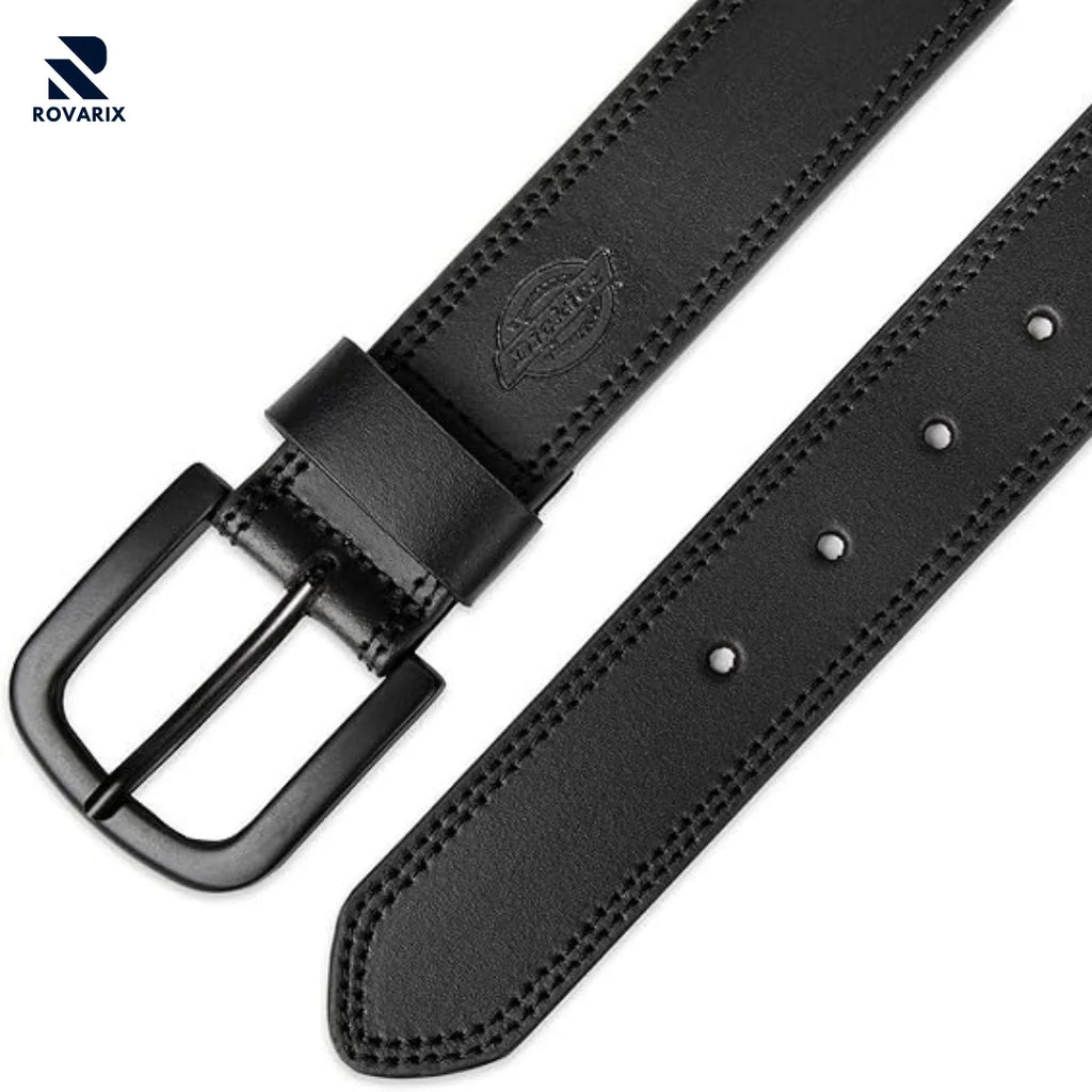 Black leather belt with a black buckle on a white background, featuring the Rovarix brand.