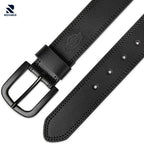 Black leather belt with a black buckle on a white background, featuring the Rovarix brand.