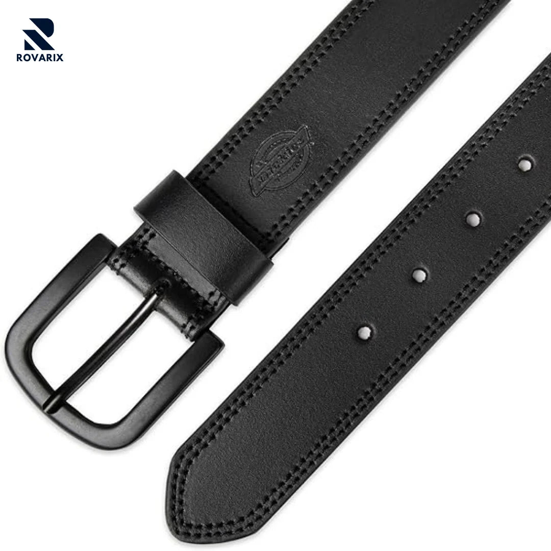 Black leather belt with a black buckle on a white background, featuring the Rovarix brand.