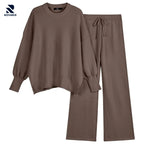 Rovarix taupe mocha waffle knit lounge set 2-piece oversized pullover and wide-leg pants