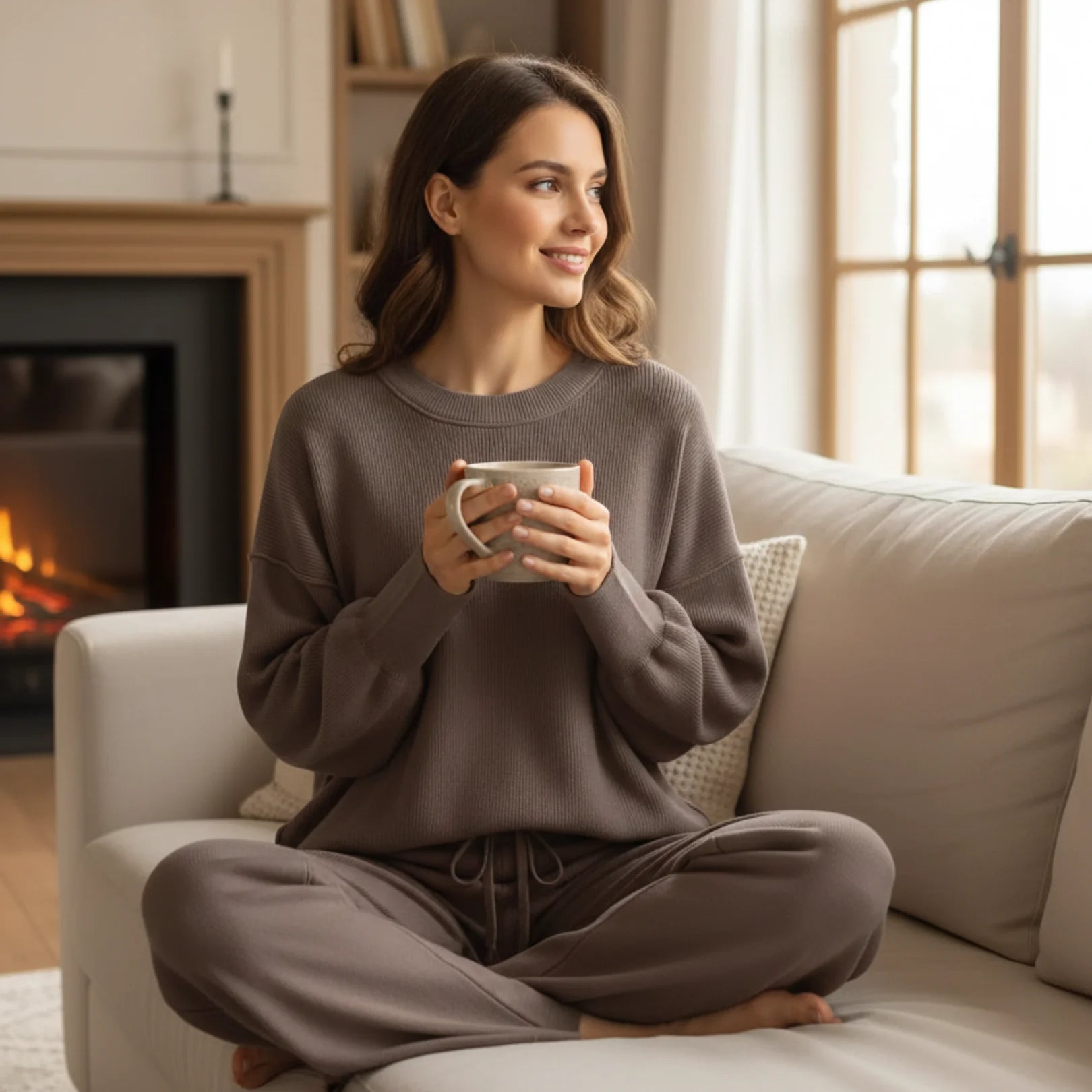 Woman wearing Rovarix taupe waffle knit lounge set sitting on couch by fireplace holding coffee mug