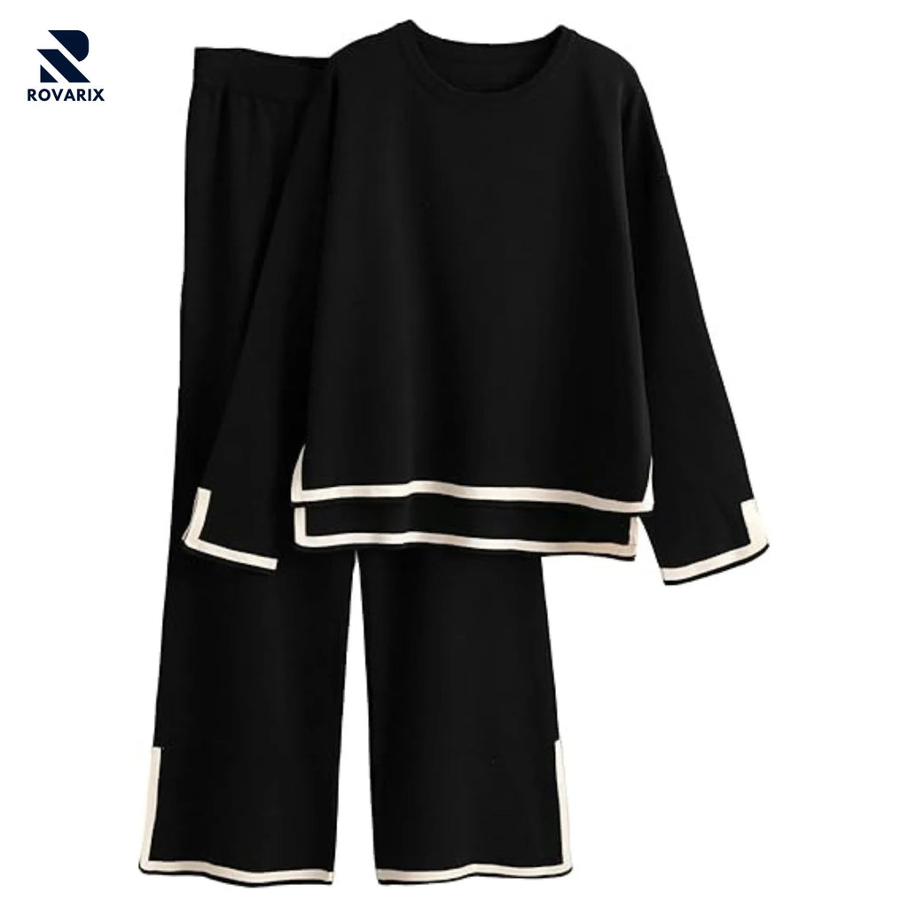 Rovarix black loungewear set 2-piece with beige contrast trim pullover and wide-leg pants