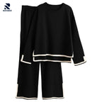 Rovarix black loungewear set 2-piece with beige contrast trim pullover and wide-leg pants